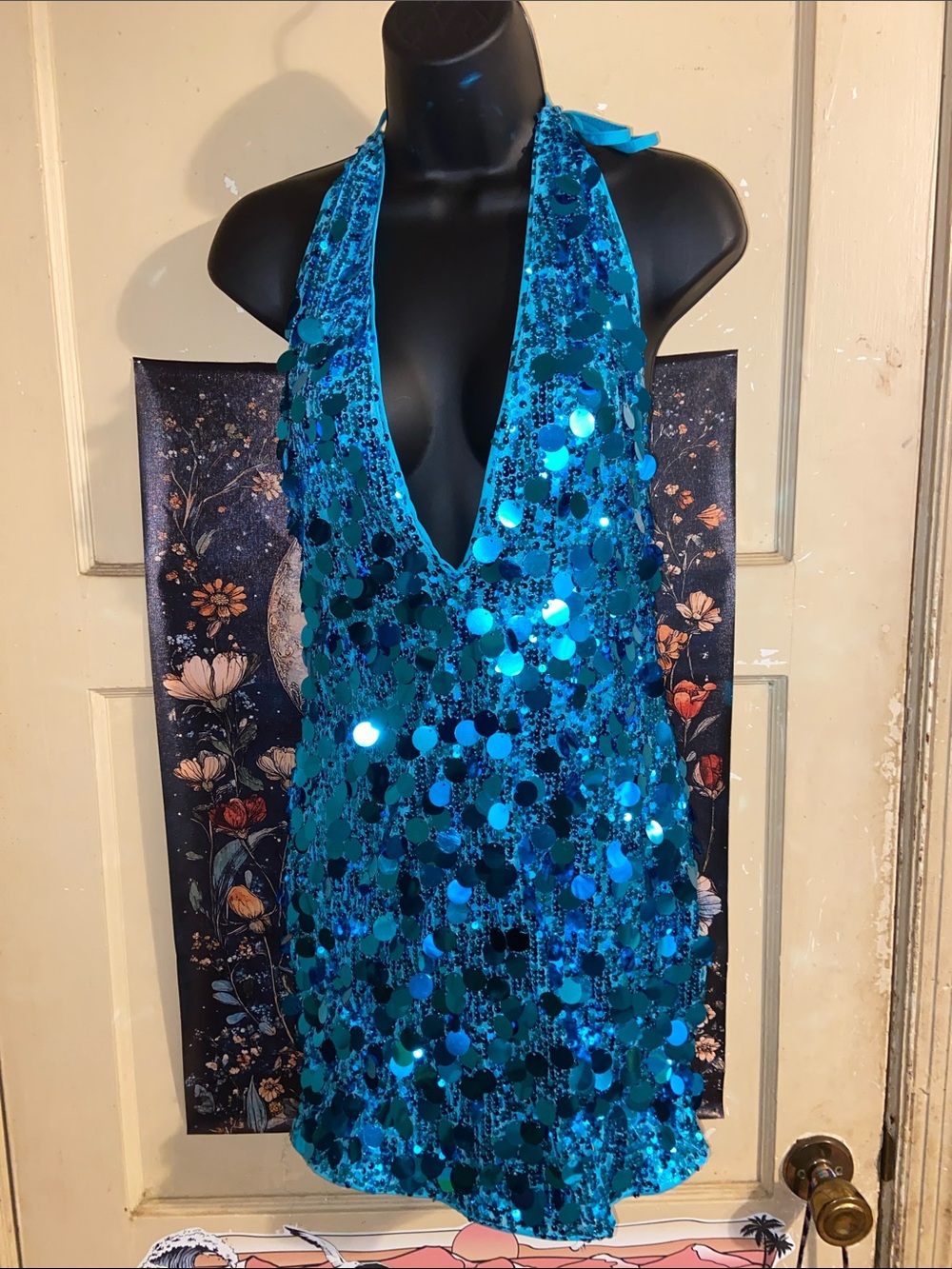 TURQUOISE SEQUIN MINI DRESS Festival Party Dance SHEIN